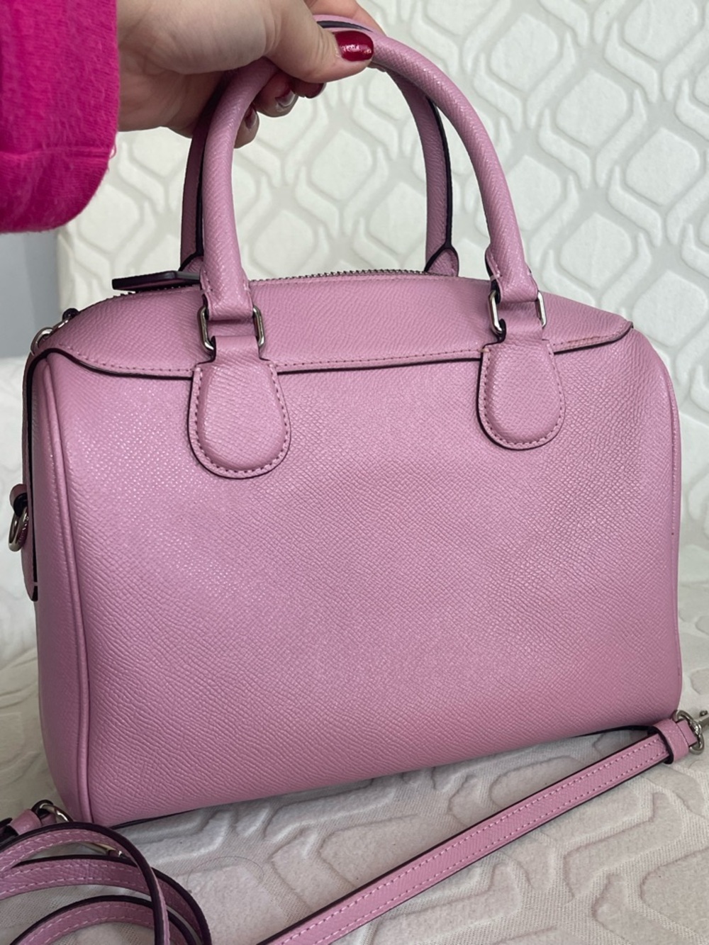 Coach Mini Benet Lilac Pink Tulip Floral crystal Stud Leather Satchel with Strap - Picture 9 of 10